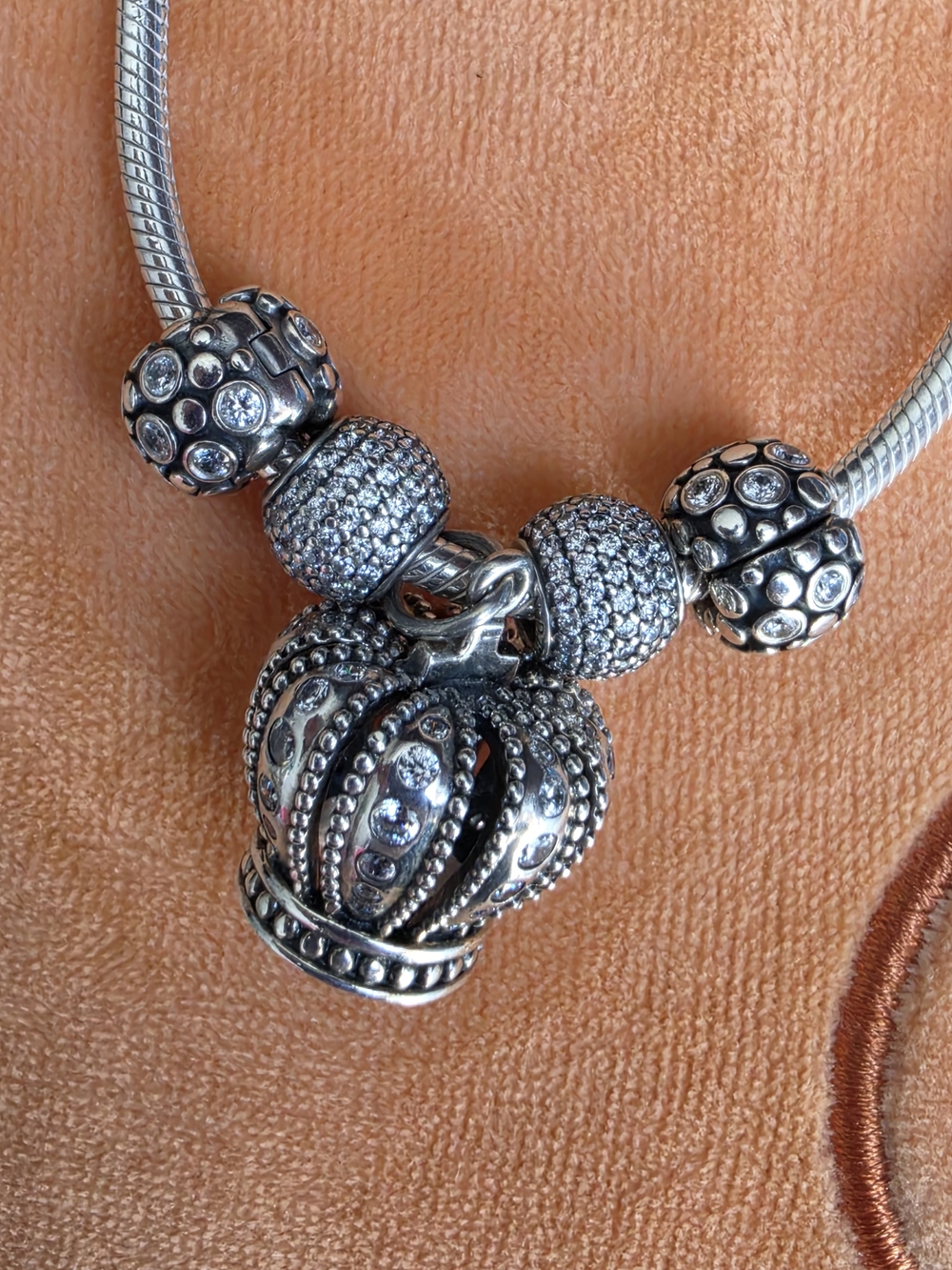 Vintage Pandora Silver Big Crown Charm Necklace with Crystal Accents..like New